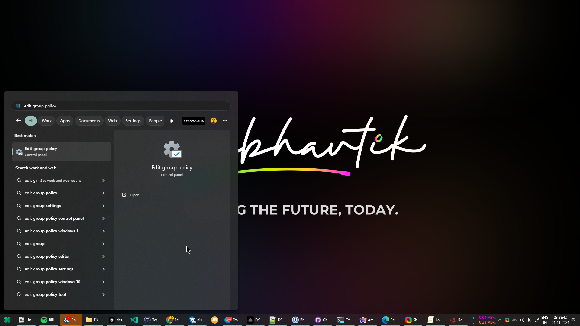 When configuring Mattermost using group policy settings, run the Edit group policy application by going to Start, typing gpedit into the search field, then selecting the resulting Edit group policy search option.