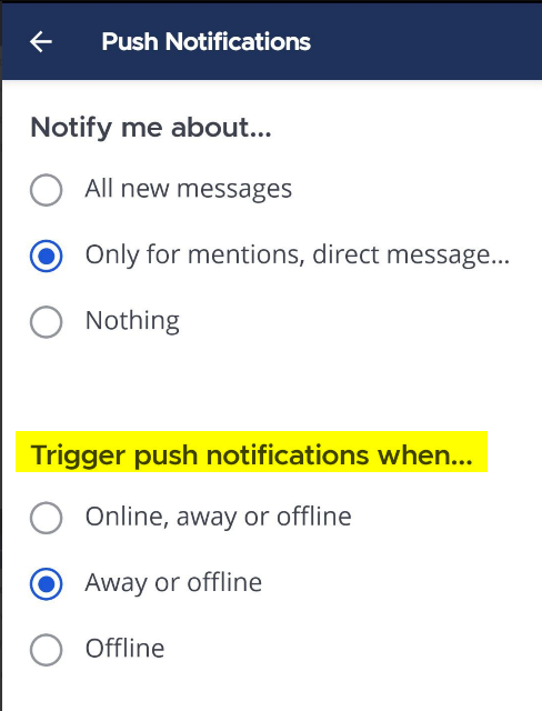 Specify whether all new messages or only mentions and direct messages send push notifications.