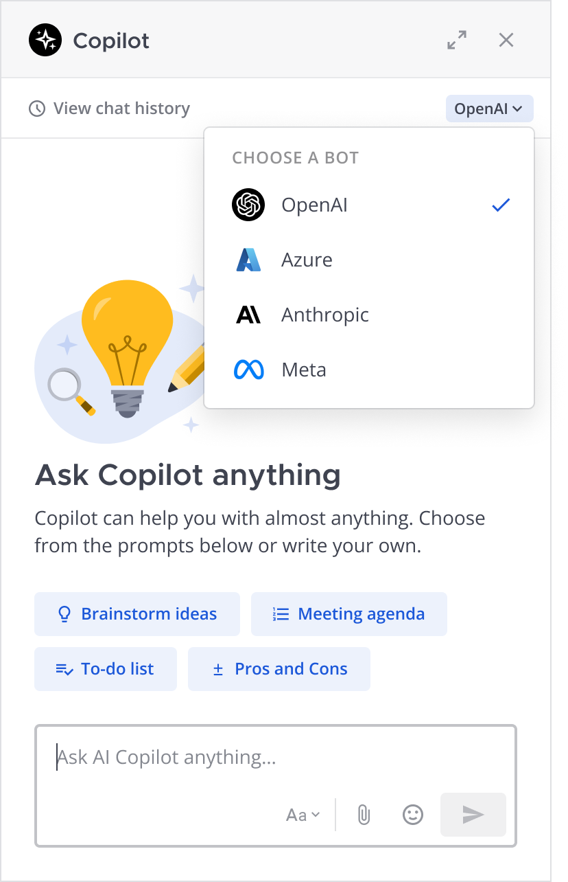 Switch between multiple bots by selecting the bot name in the top right corner of the Copilot panel.