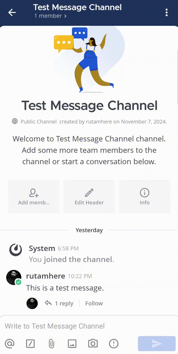 Tap on attachment icon to attach a file and send it in the channel.