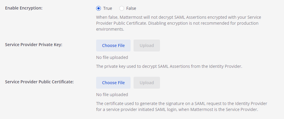 In the System Console, upload both the Service Provider Private Key and the Service Provider Private Certificate.