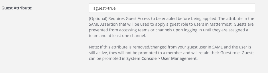 In Mattermost, configure the SAML guest attribute