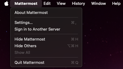 Access Desktop App customization settings by selecting Mattermost from the menu bar, then selecting Preferences.