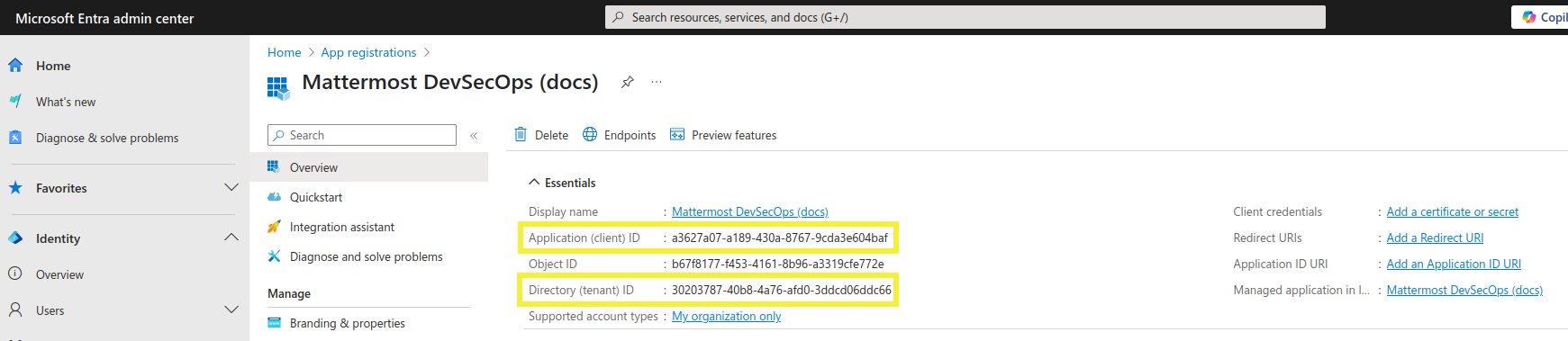 Go to your newly created application and copy the Application (client) ID and Directory (tenant) ID values. You'll need those later to configure the plugin.