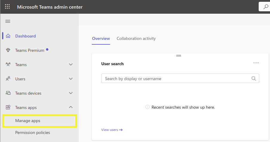 In MS Teams, go to Manage Apps to install the Mattermost Mission Collaboration for Microsoft 365 app.