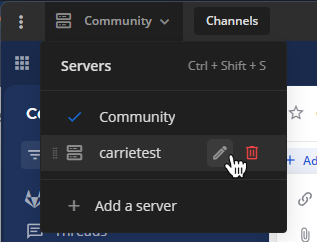 Edit an existing Mattermost server connection using options located in the top right corner of the Mattermost screen.
