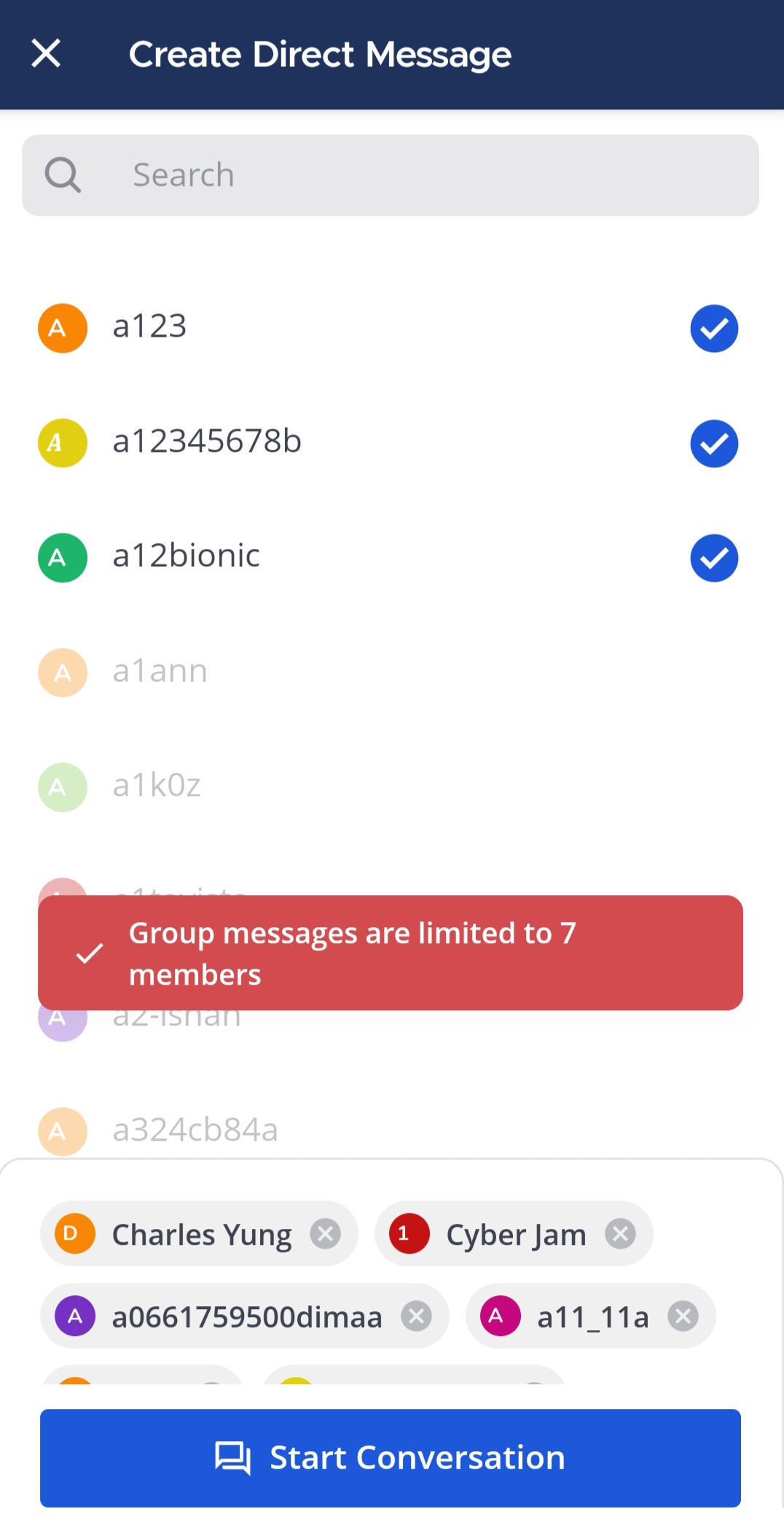 You can stat a group conversation by selecting up to 7 members.