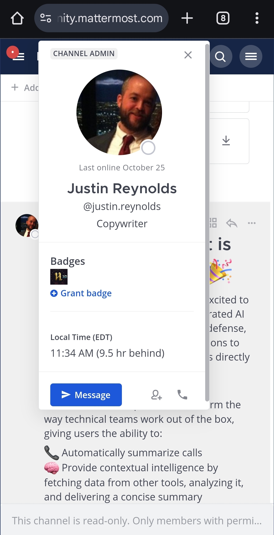 Use options on a user's profile pop-over to add a member to a channel.