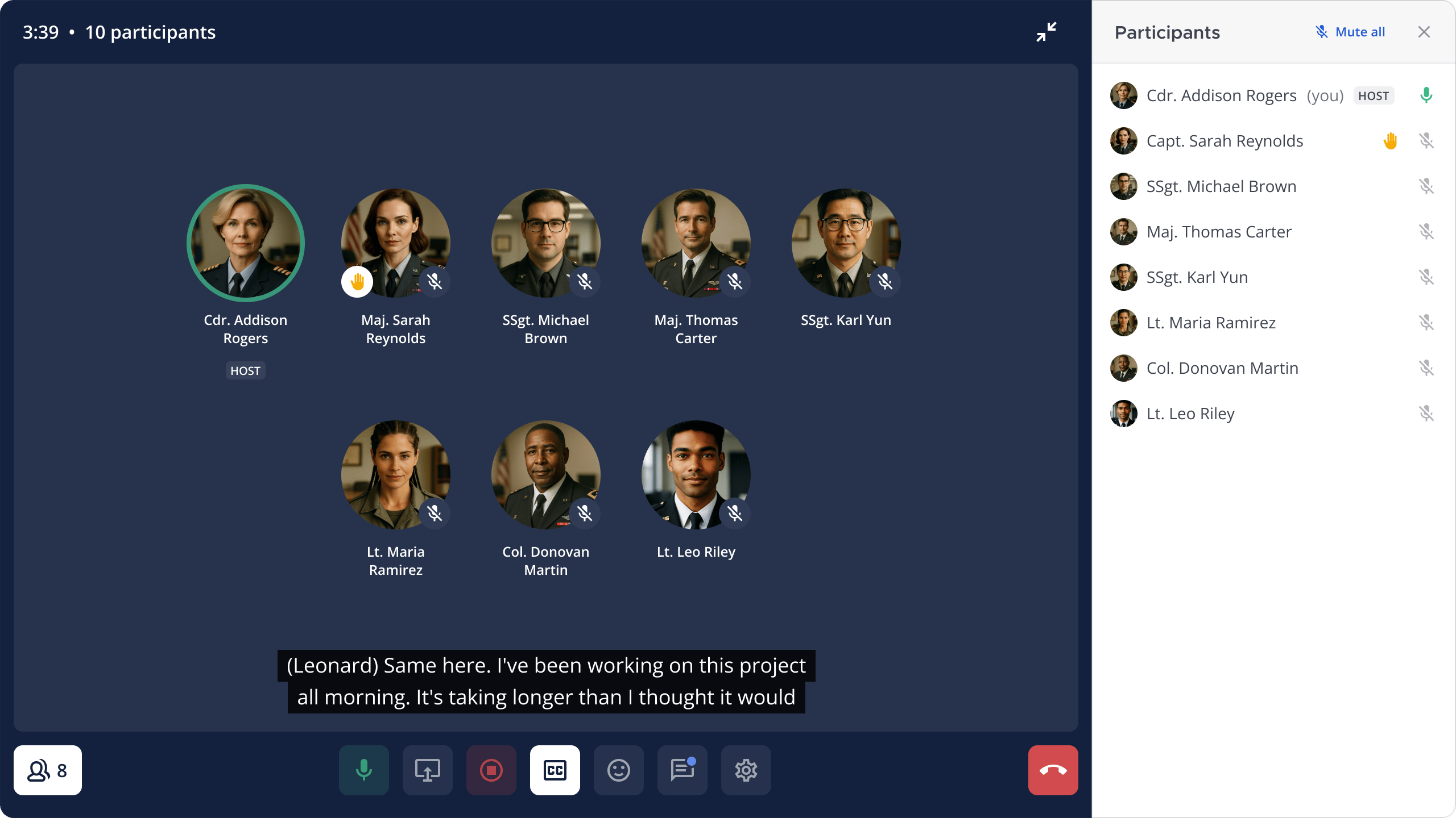 An image showing a Mattermost call window, highlighting the ability to make secure audio calls and share screens within channels or direct messages, with options for live text captions, transcription, and summarization.