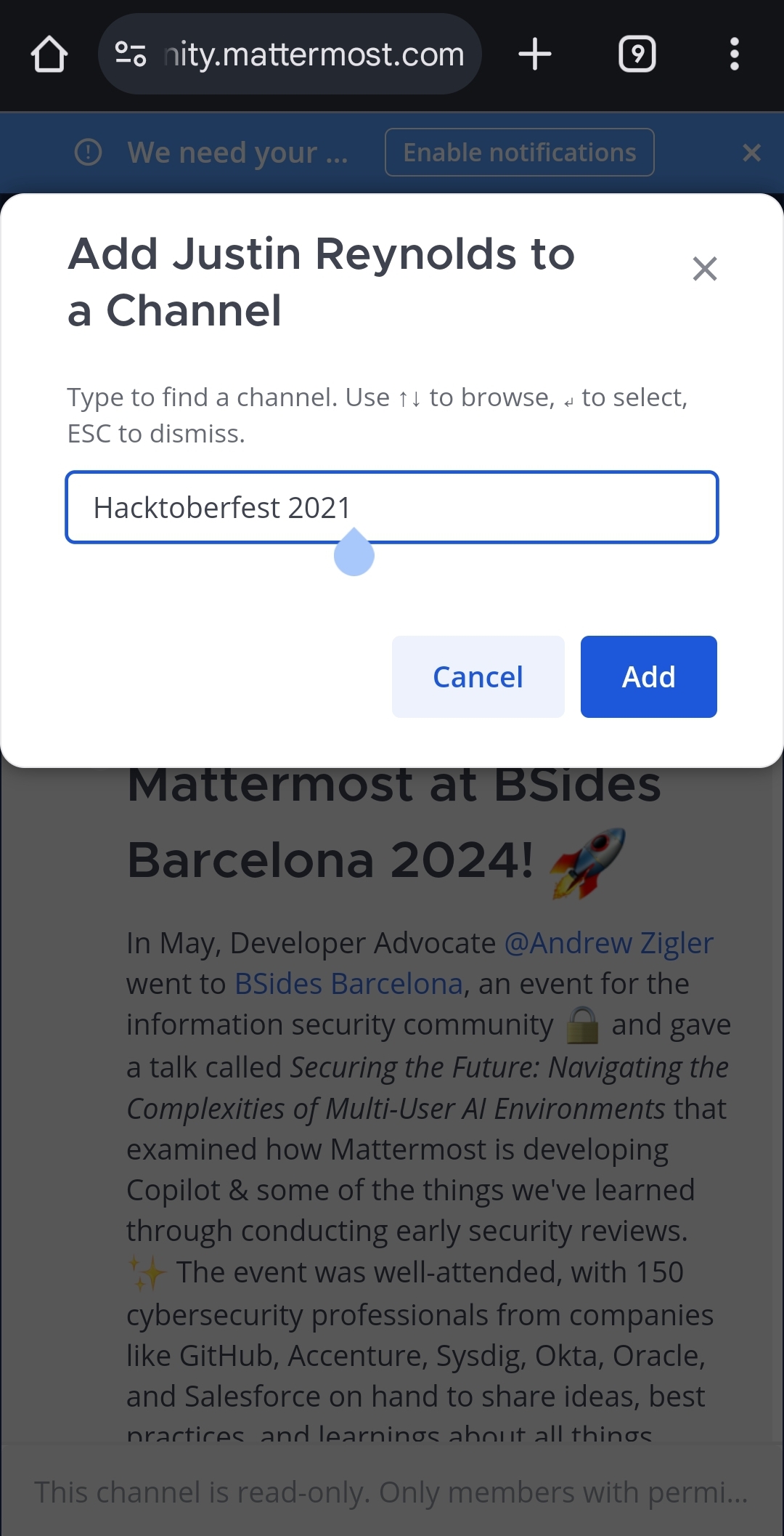 Type the channel name and tap on Add to add the user to it.