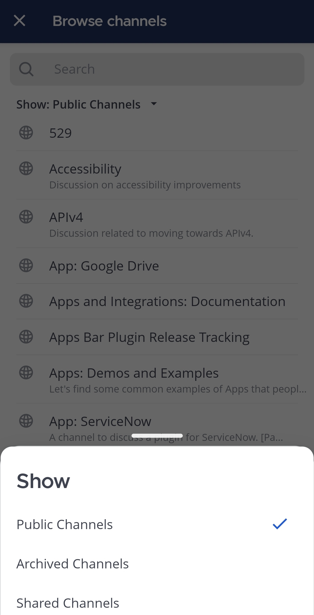 Tap on Show to select from available filters such as Public channels, Archived channels, etc.