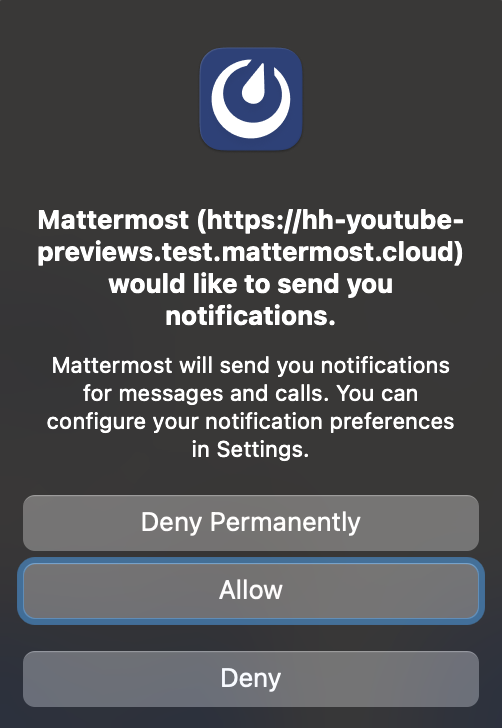 An example of a Mattermost desktop app notification prompt.