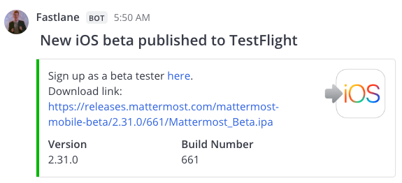 Example of a Fastlane notification posted to Mattermost using an incoming webhook.