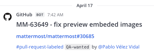 Example of a GitHub notification posted to Mattermost using an incoming webhook.