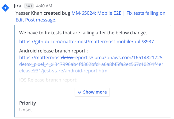 Example of a Jira notification posted to Mattermost using an incoming webhook.