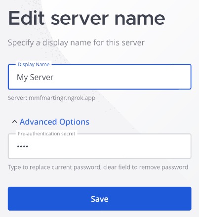 Mobile app edit server screen showing display name fields.