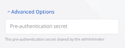 Mobile app server setup screen showing the optional pre-authentication secret field.