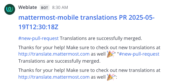 Example of a Weblate notification posted to Mattermost using an incoming webhook.