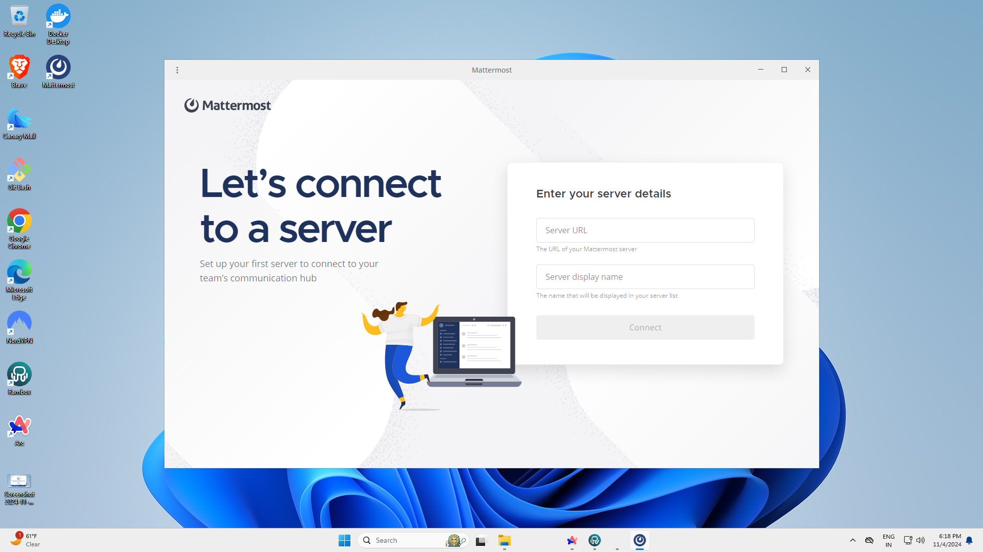 Verify group policy settings in the Mattermost Desktop App by opening the app from the Start menu, and verifying that the app loads the first server you defined in the Edit group policy.