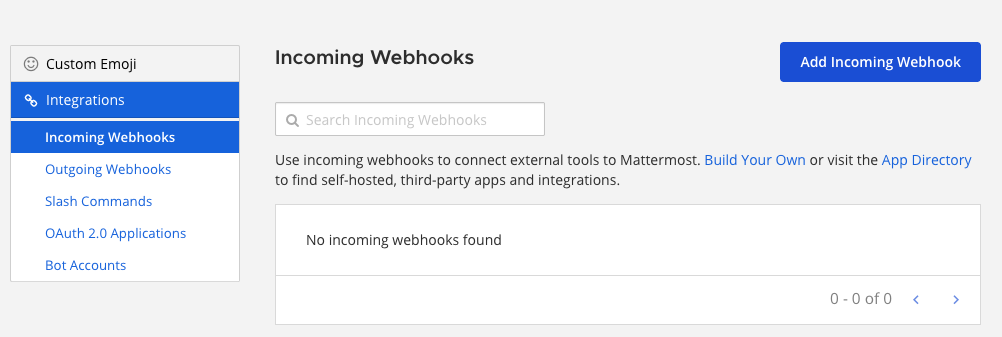 Dialog box showing the option to add an incoming webhook.
