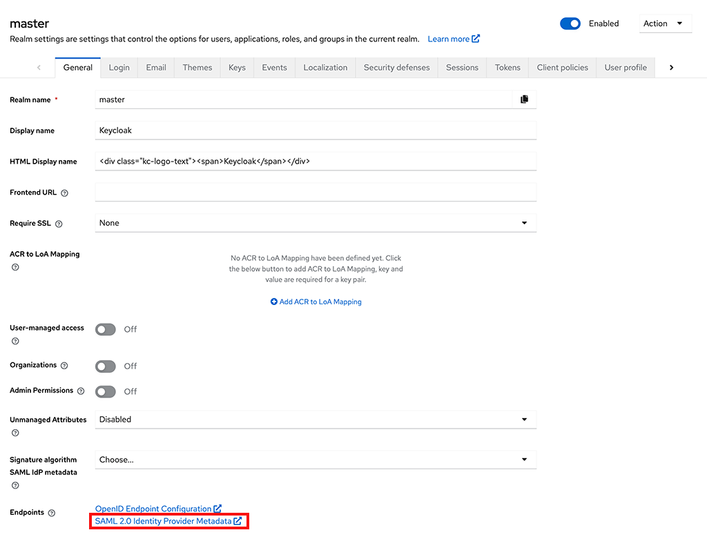 Within your Realm, select Realm Settings. At the bottom of the General tab, you should see a SAML 2.0 Identify Provider Metadata endpoint. Copy this URL for the next step.