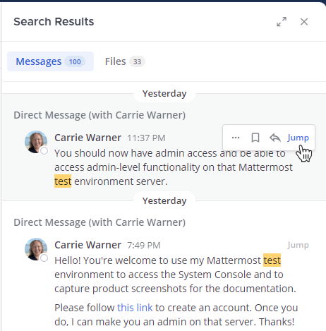 From search results, you can go to the full message by selecting Jump.
