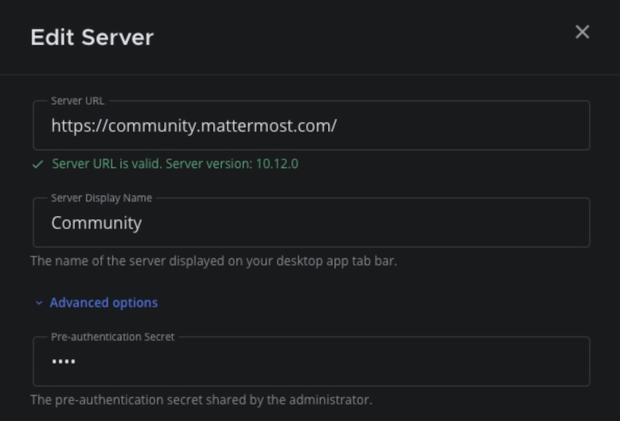 Edit server dialog showing display name, URL, and pre-authentication secret fields.