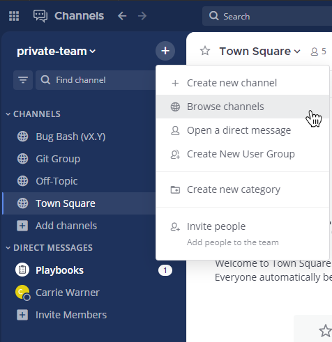 You can browse available channels to join using the + option at the top of the channel sidebar.