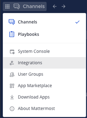 Mattermost menu options showing the ability to work with integrations.