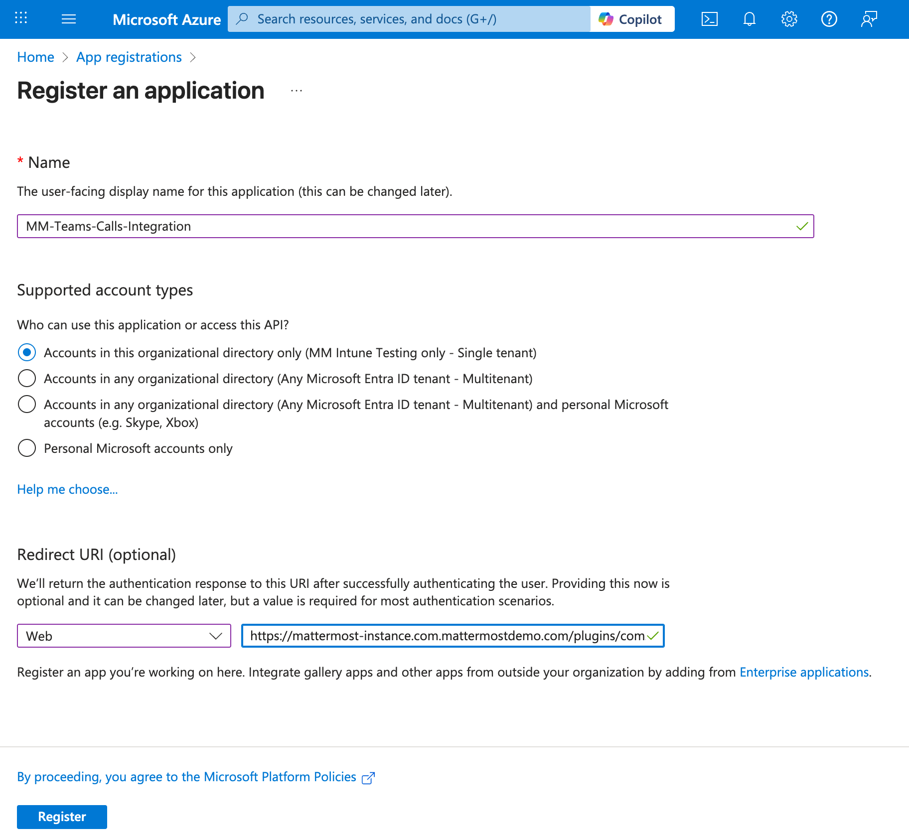 In Azure, create a new app registration.