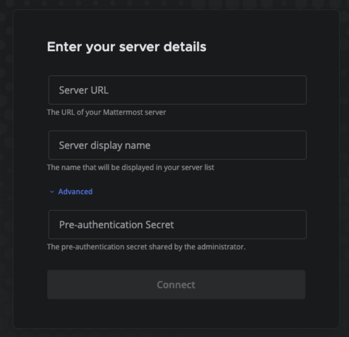 Desktop app server setup dialog showing the optional pre-authentication secret field.