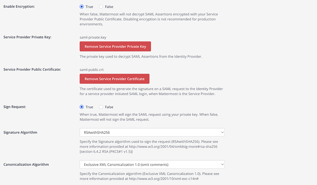 In the System Console, upload both the Service Provider Private Key and the Service Provider Private Certificate.