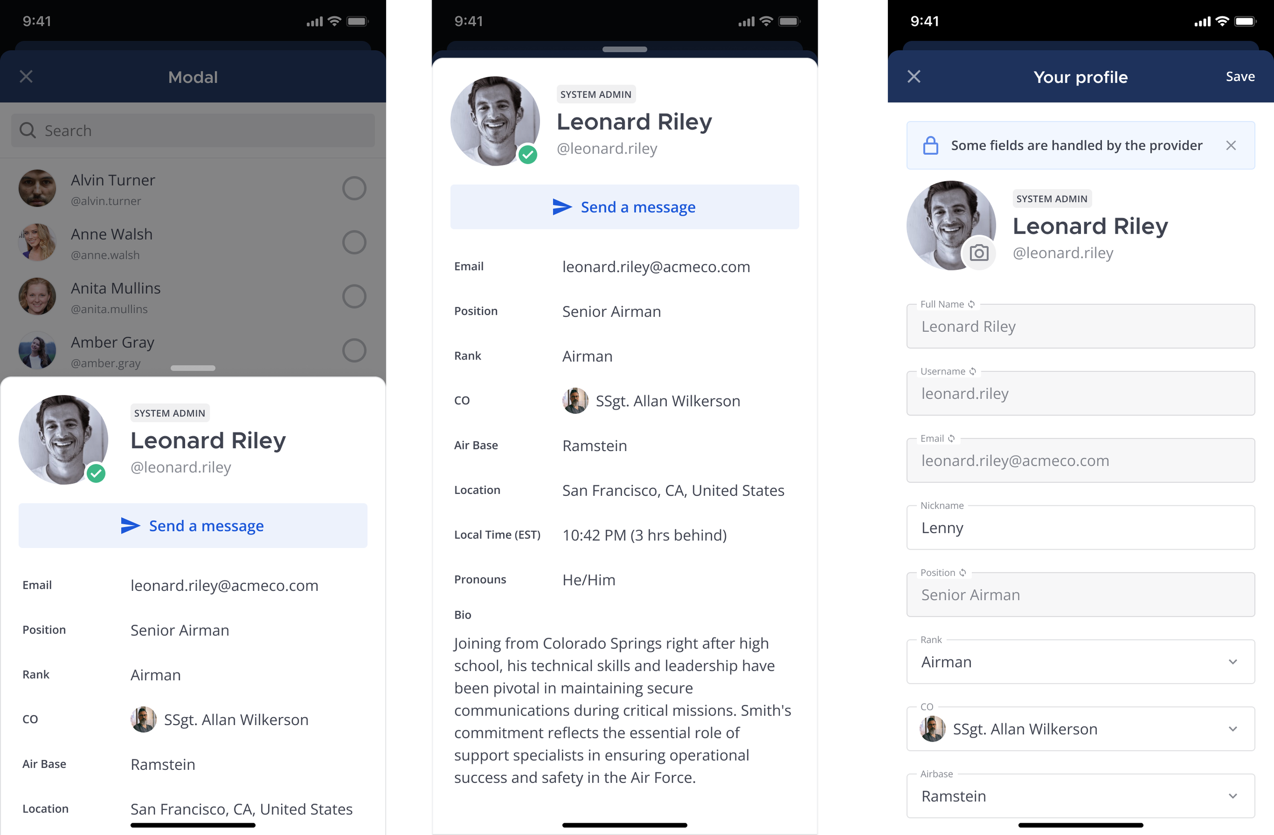 Mobile examples of a user profile with custom user attributes added as system attributes.