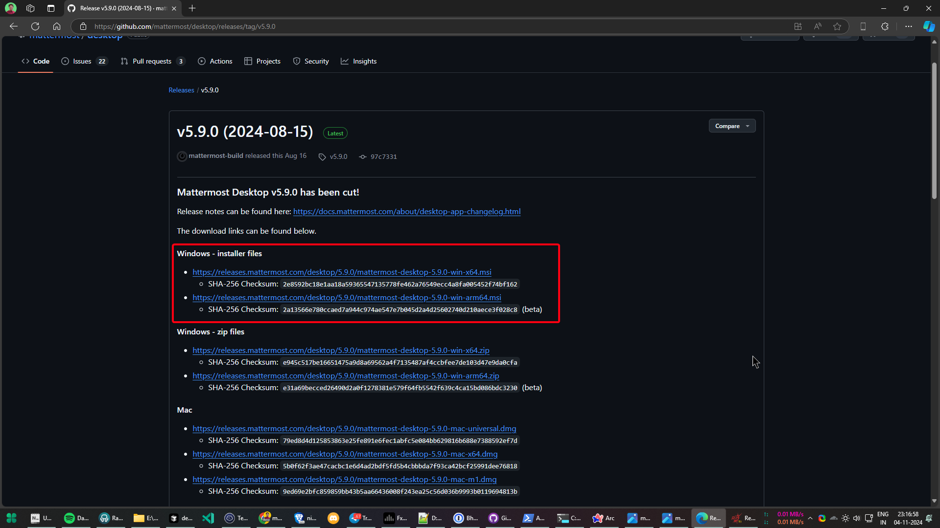 In the mattermost/desktop repository on GitHub, go to the release page for the latest desktop release, then download the installer for your version of Windows. Download the source.zip file as well to extract group policy files.