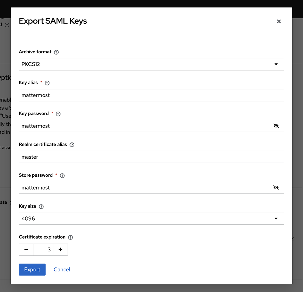 In Keycloak, on the Keys tab, generate new keys, export using the values documented, then select Download.