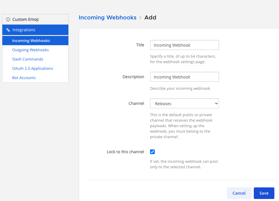 Dialog box showing the incoming webhook details.
