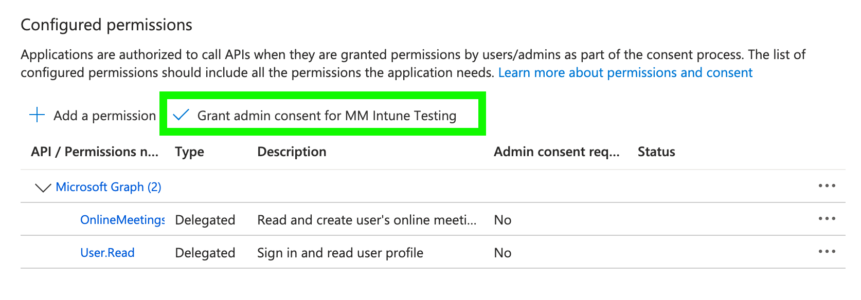 In Azure, grant admin consent permissions for the application.