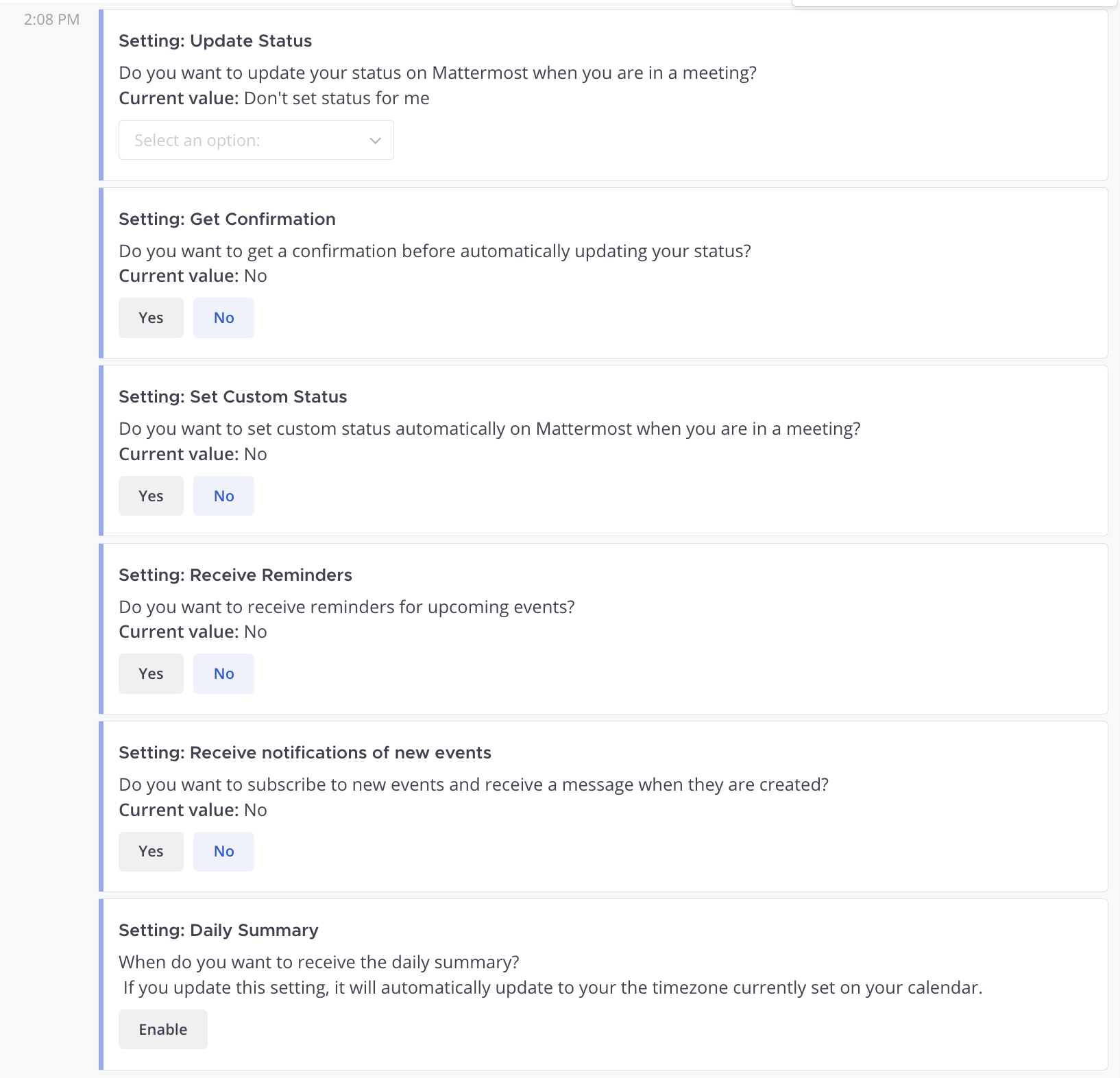 Example of the Microsoft Calendar settings in Mattermost.