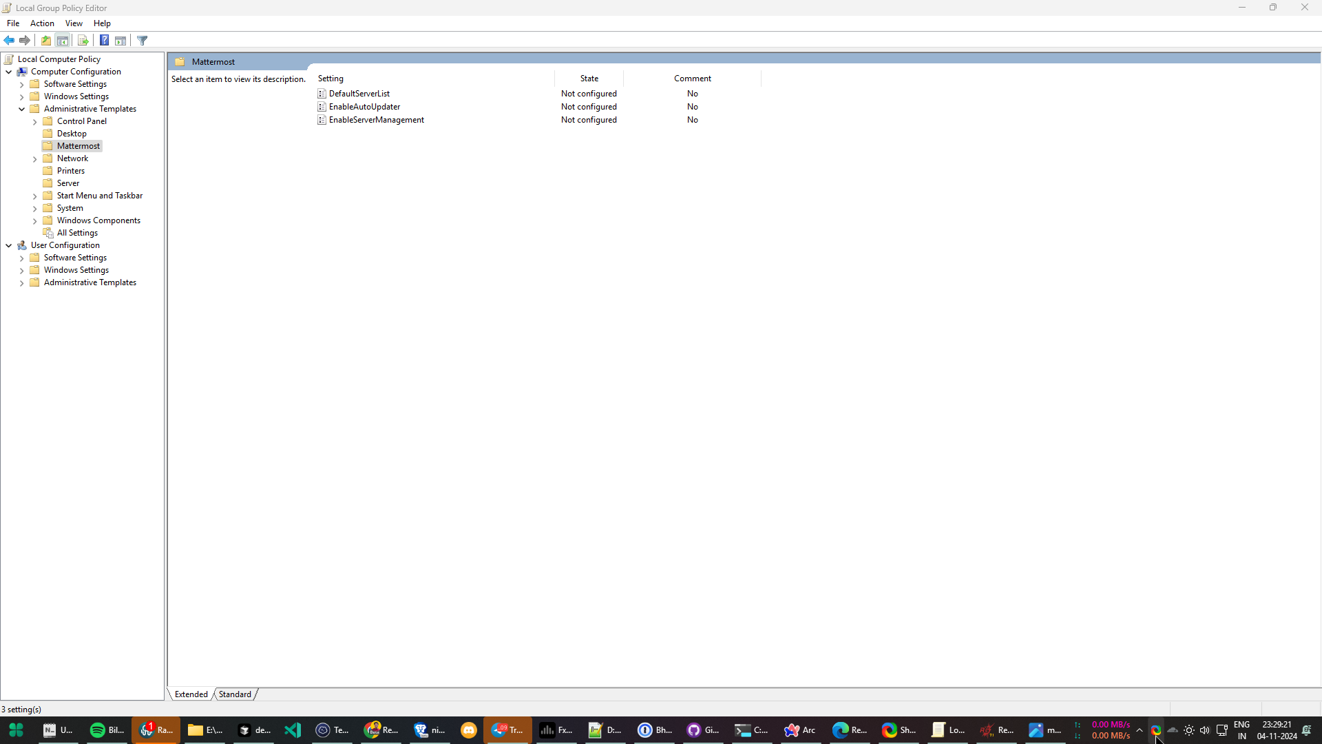 In the Edit group policy window, go to Local Computer Policy > Computer Configuration > Administrative Templates > Mattermost. To set one or more default servers to appear on app launch, for example, double-click on DefaultServerList to begin.