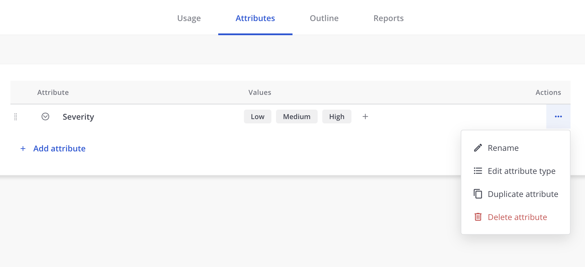 An example of the Playbooks Attributes tab with the Actions menu open.