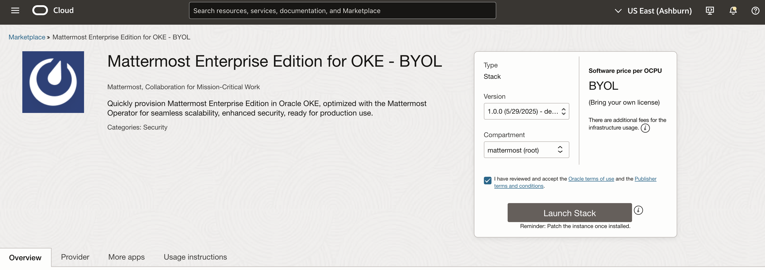 Oracle Cloud Marketplace listing for Mattermost