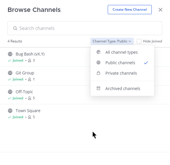 When browsing available channels, select the join option next to any channel to become a member.
