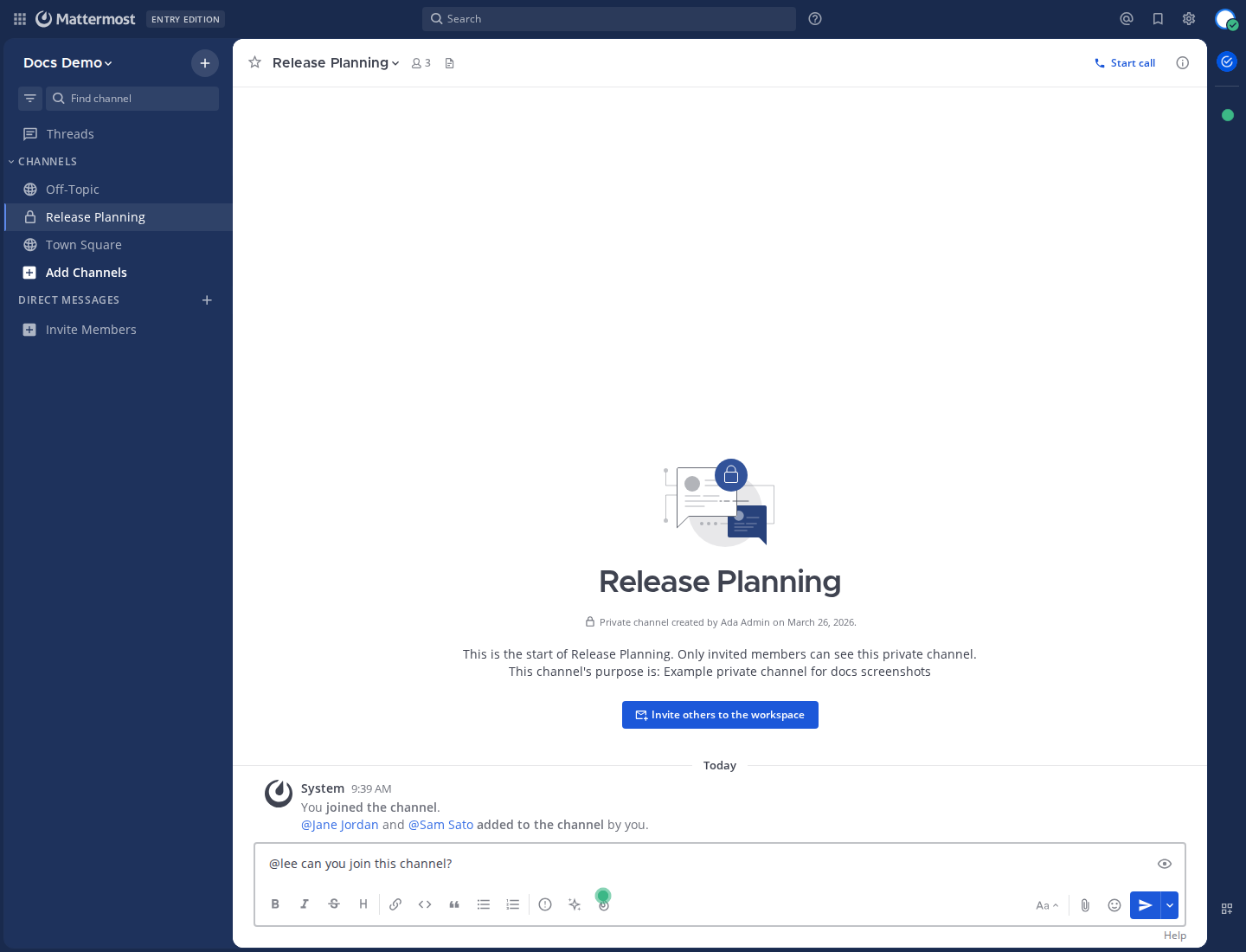 Mention a person who isn't a channel member to prompt Mattermost to offer adding them to the channel.