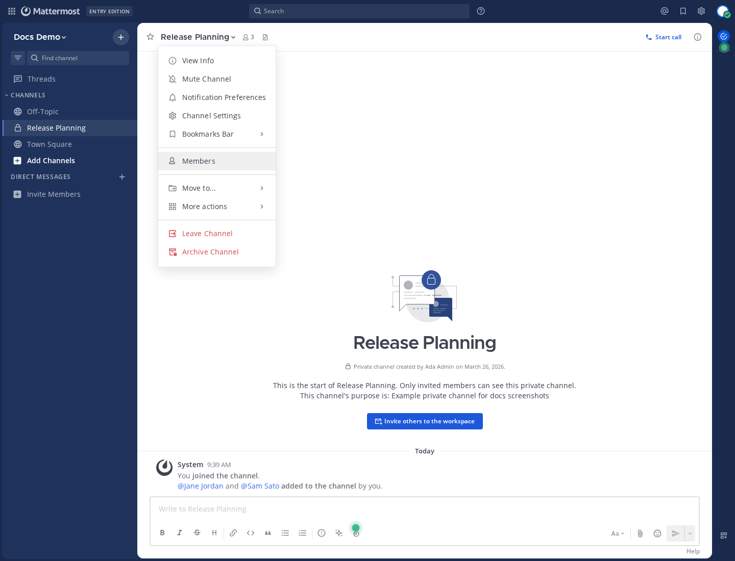 Open the channel name menu in the header and select Members.