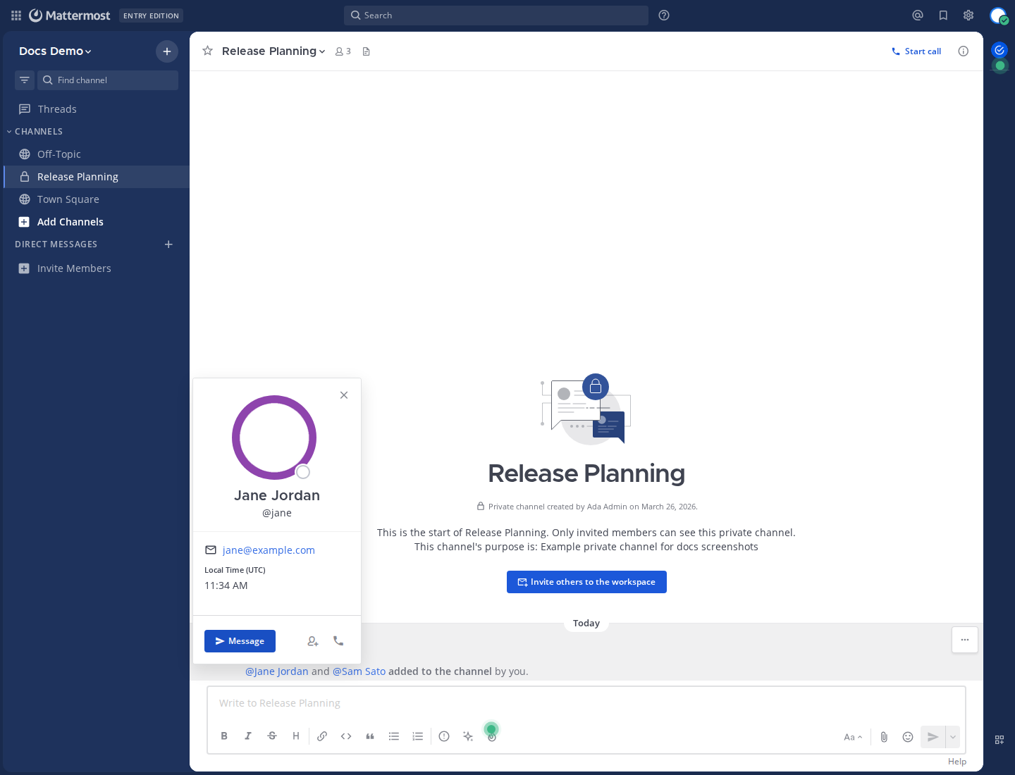 Open a user's profile pop-over from a message in a channel.
