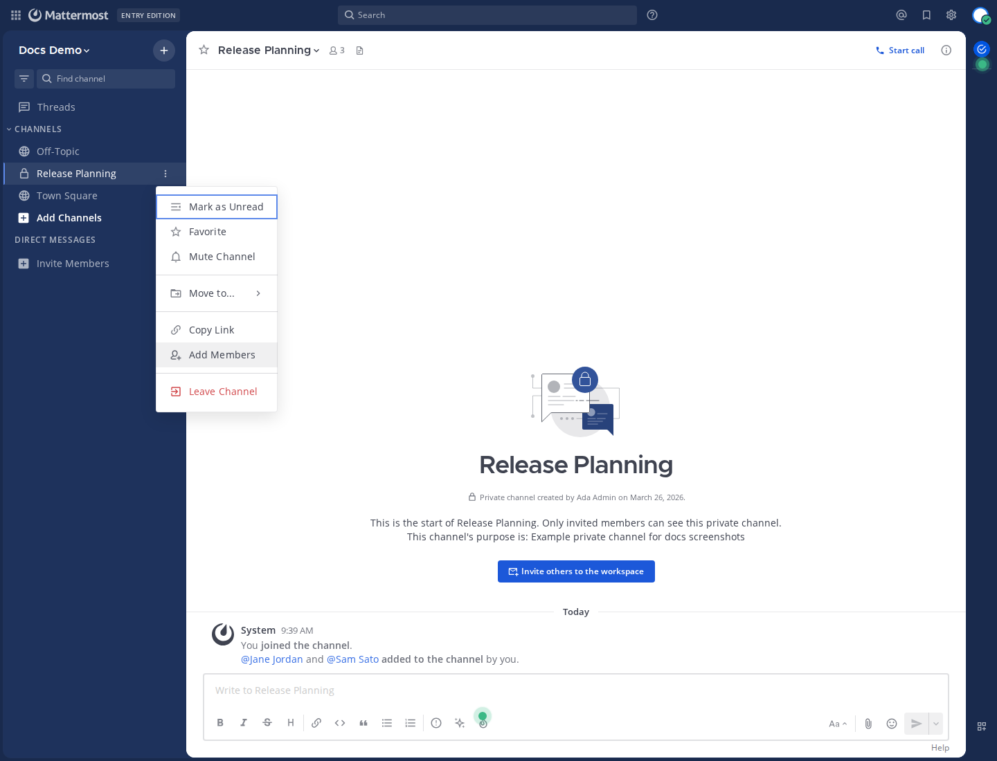 Hover over a channel in the left-hand sidebar, open the channel options menu, and select Add Members.