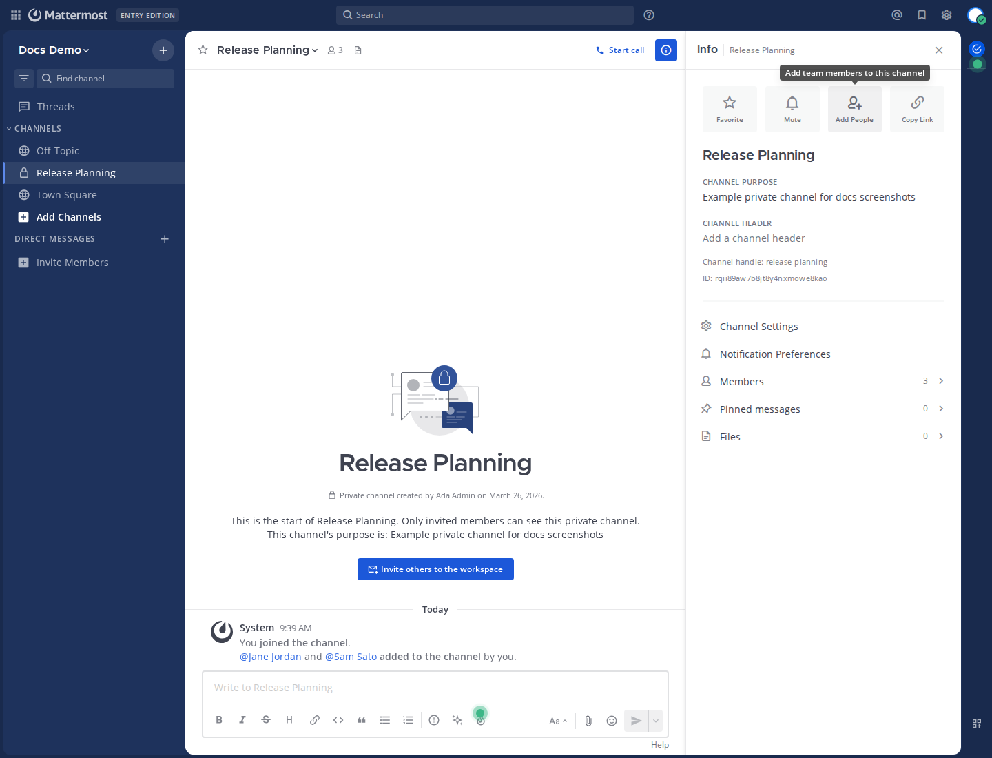 Open the View Info pane and select Add People to add members to the channel.