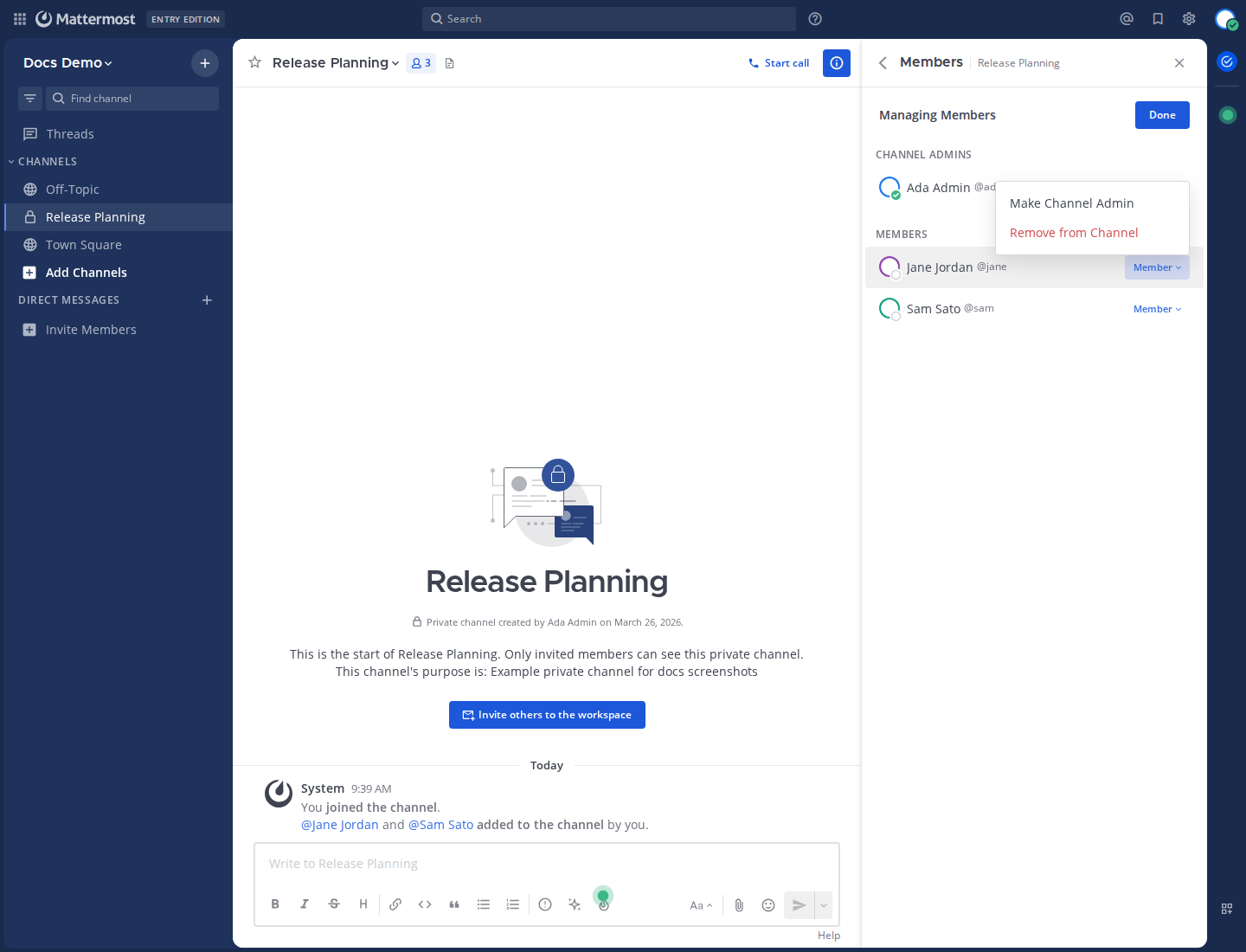Open View Info, go to Members, then choose Remove from Channel from a member role menu.