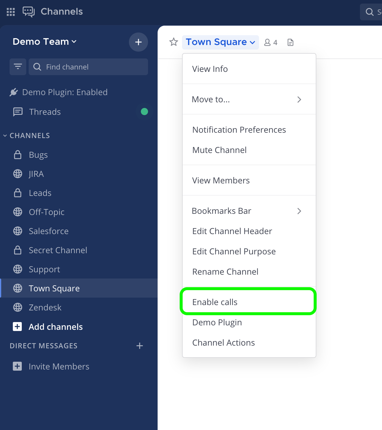 Channel menu showing Enable/Disable calls options