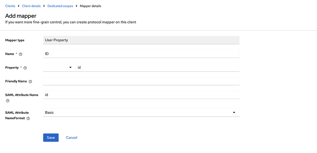 In Keycloak, on the Mappers tab, create a protocol mapper for the ID attribute, then save your changes.